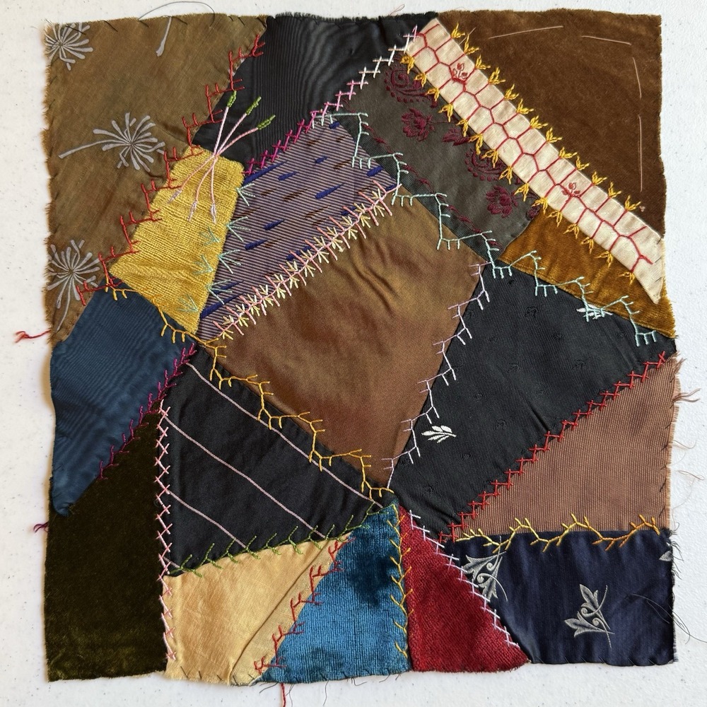 Antique Victorian Crazy Quilt Block Silk Velvet Floral Embroidered Patch 12x12